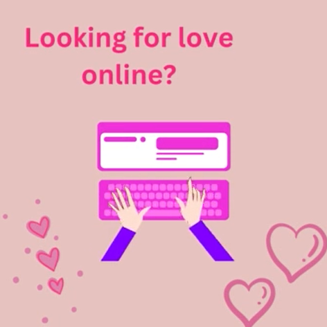 Cartoon image of fingers on a keyboard with the words "looking for love online?" above it
