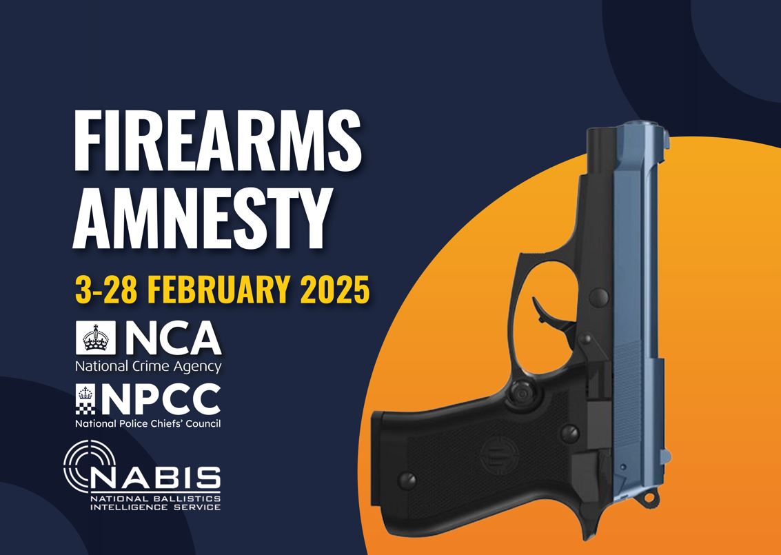 A gun and the words firearms amnesty 3 - 28 february 2025