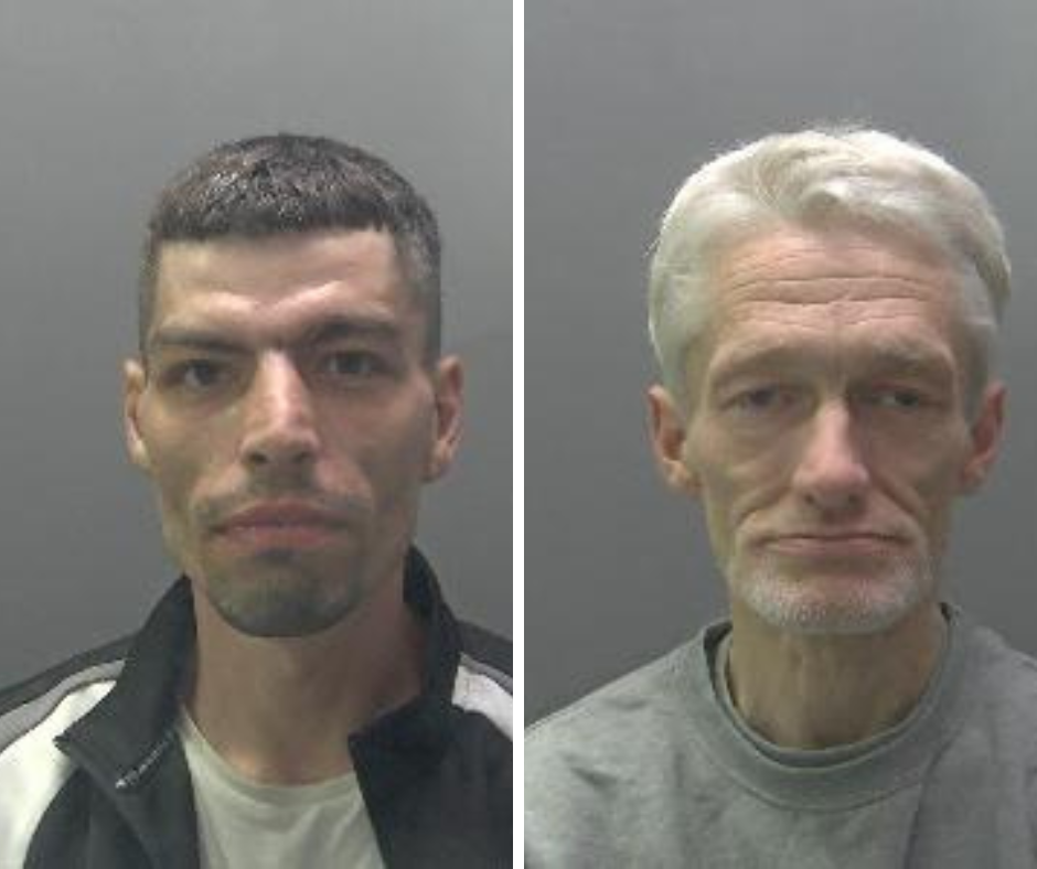Two custody photos of men looking glum: one with dark hair and the other with white hair. 