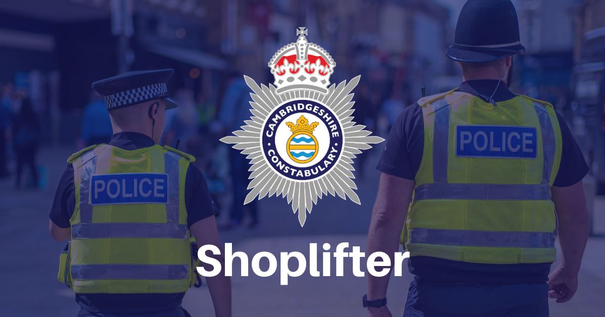 Two police officers walking down a street with the force crest and the word shoplifter in the foreground