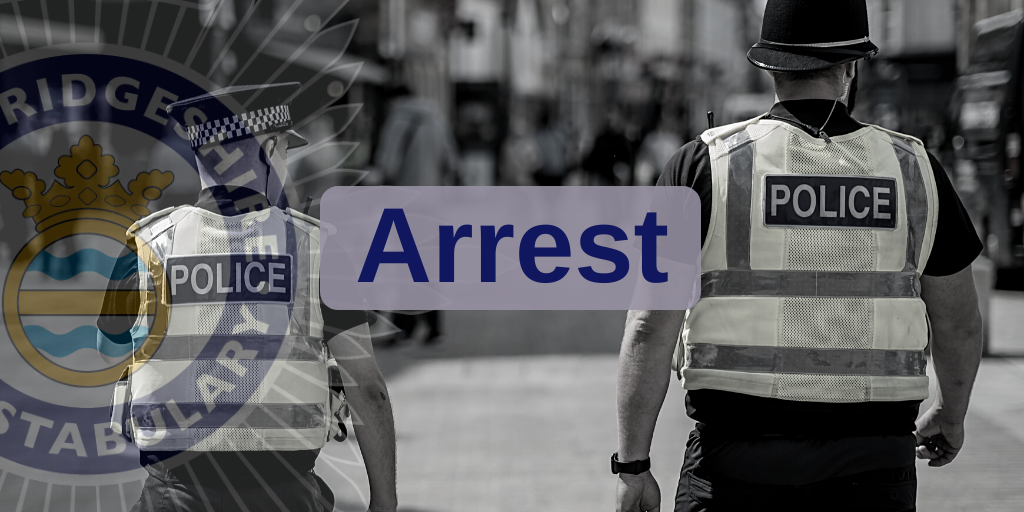 Two police officers in the background with the word arrest in the foreground