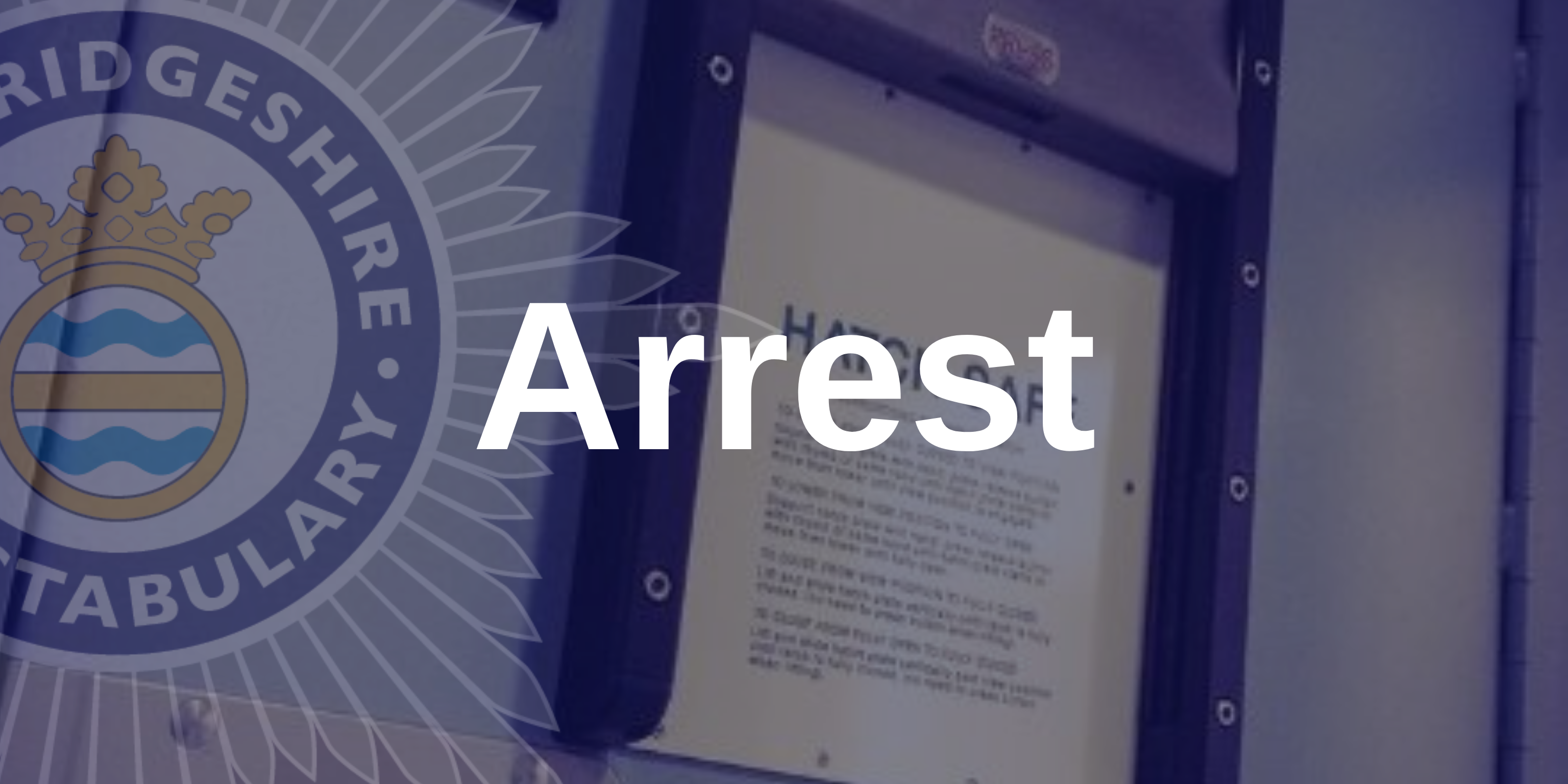 Close up of police custody cell hatch with arrest text overlaid